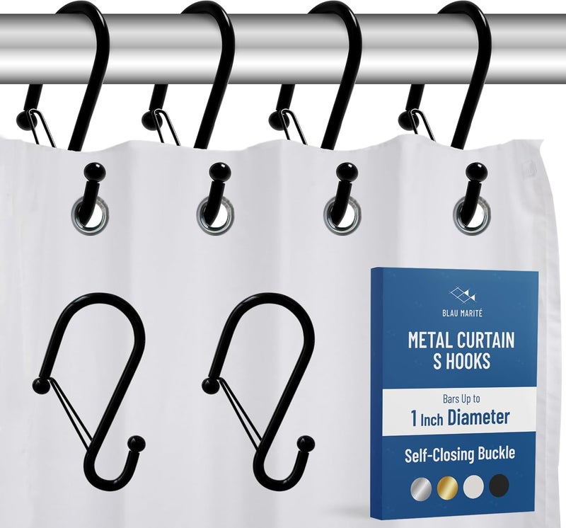 Blau Marité Set of 12 Black Metal S Hook Shower Hooks 1” – Closed, Heavy Duty, Long Decorative Shower Curtain Hooks, Easy Glide, Buckle, Large Rust Resistant Rings for Bathroom Rods (Black, S) - Image 1